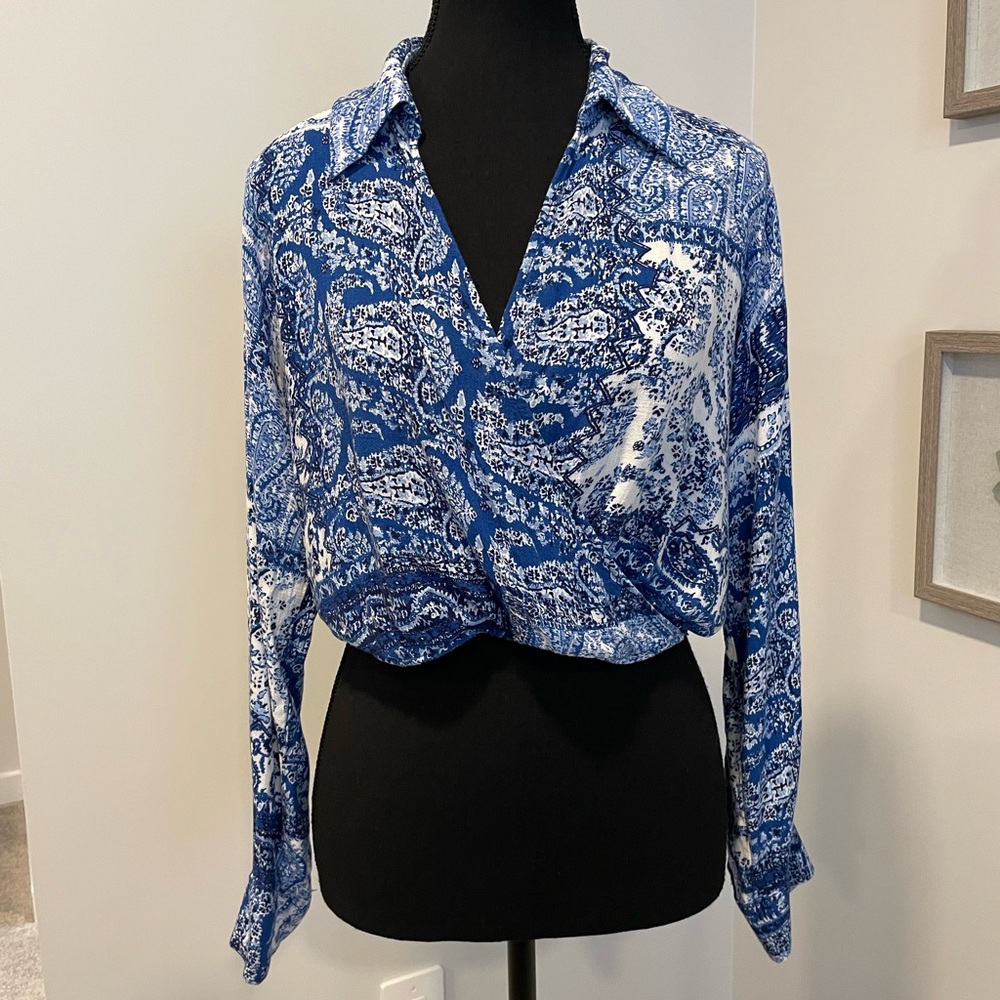 Never Worn! Zara Blue & White Long Sleeve Paisley Print Faux Wrap Crop Top